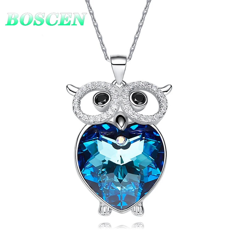 Blue Brass BOSCEN 925 Sterling Silver Pendant Necklace For Women Birthday Gift Colorful Owl Embellished With Crystals From Swarovski - Цвет камня: Blue Brass