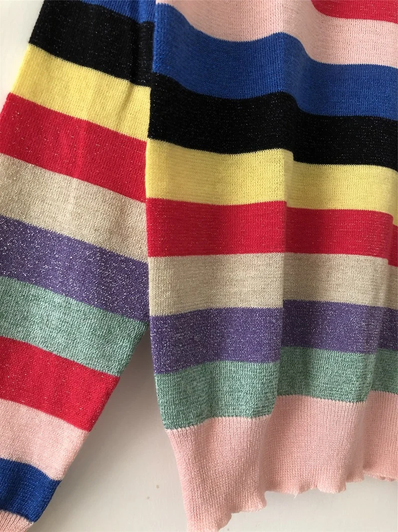 Женский свитер в радужную полоску винтажный пуловер трикотажный топ с круглым
