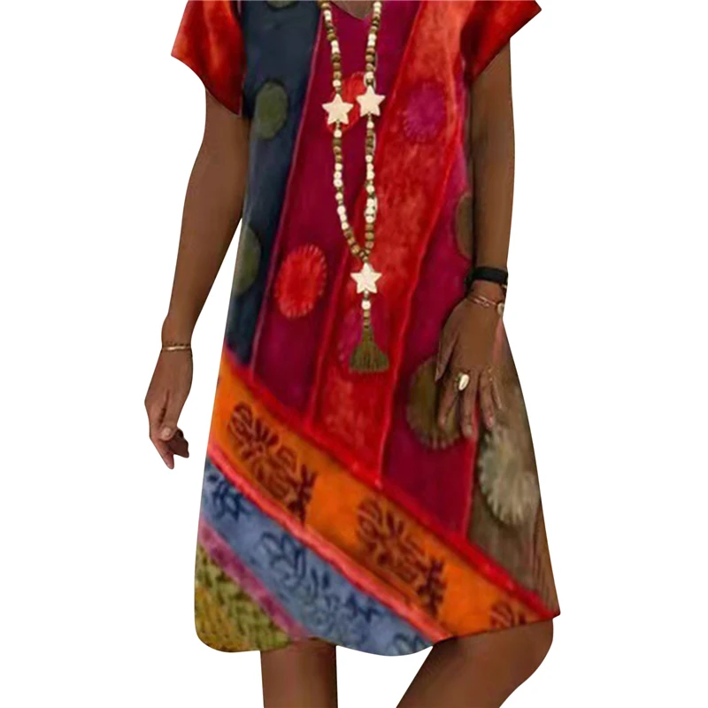 

Short Sleeved V Neck Printed Loose Dress Women's Fashion Casual Vintage Spring Autumn All-match Plus Size Beach Dresses Vestidos