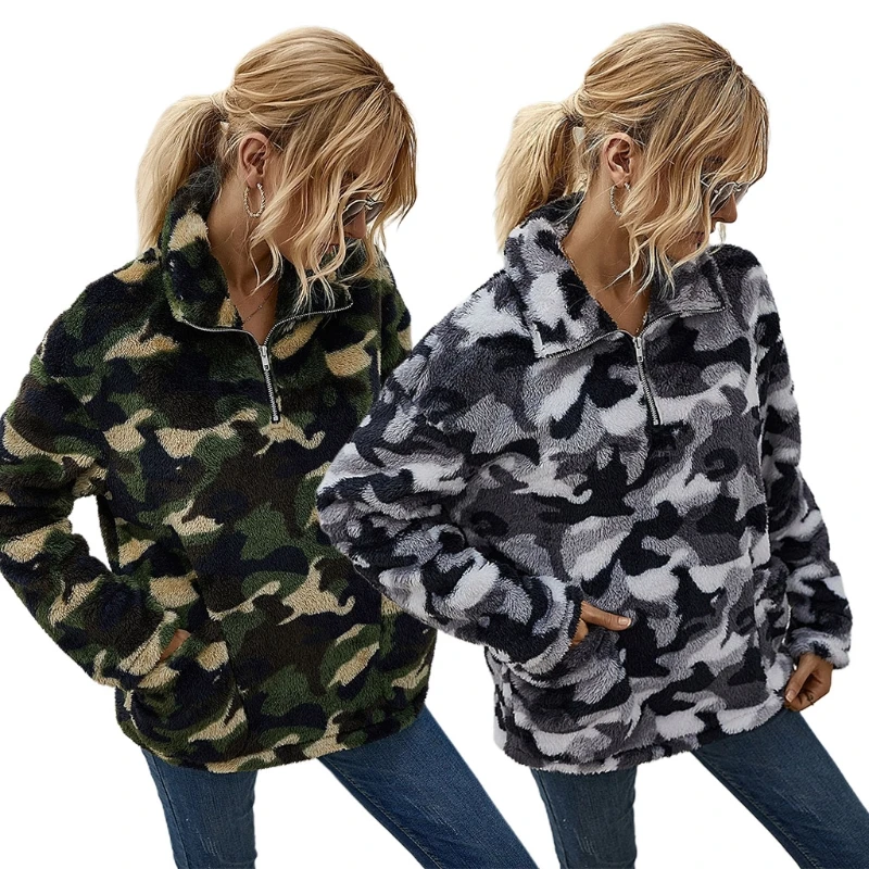 

2021 Women Half Zip Turtleneck Sweatshirt Camouflage Fluffy Plush Pullover Top Lapel Loose Long Sleeve Streetwear with Pocket