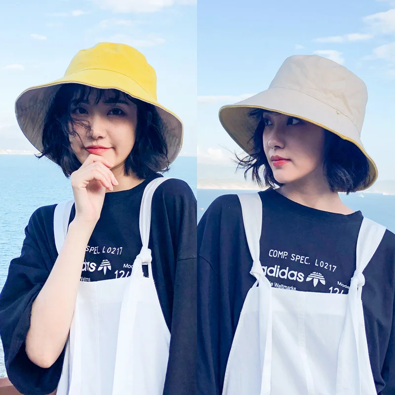 

Yellow Both Sides Bucket Hats Women Summer Sunscreen Panama Hat Men Pure Color Sunbonnet Fedoras Outdoor Fisherman Hat Beach Cap