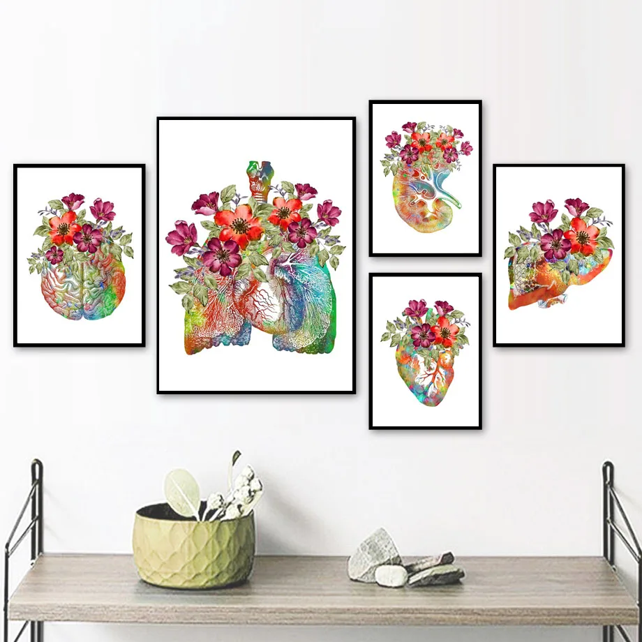 

Flower Medicine Organ Anatomy Lung Heart Brain Wall Art Canvas Painting Nordic Poster And Prints Wall Pictures For Doctors Decor