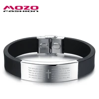 fashion men bracelet smooth cross bible stainless steel black silicone rubber wristband male jewelry mph867
