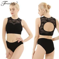 womens pole dance clothing activewear lace suits sleeveless back hollow out crop tops with hot shorts set fitness dance costume