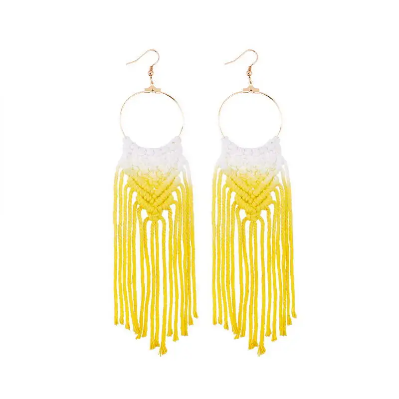 

ZWPON Dip Dyeing Gradual Colored Cotton Fringe Macrame Tassel Earrings for Women Geometric Long Earrings Jewelry Wholesale E6899