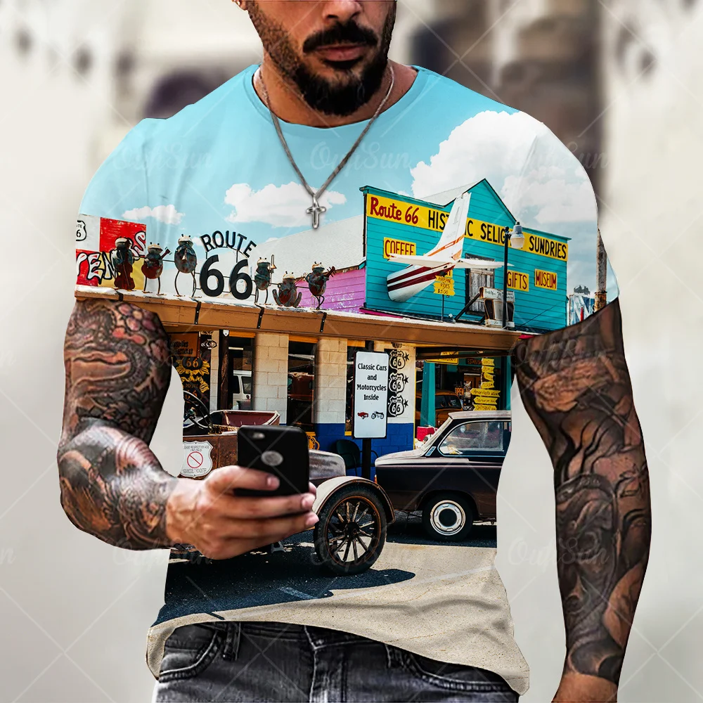 

Мужская футболка с коротким рукавом, винтажная Свободная рубашка, большая, с принтом в виде американского флага, Highway 66, на весну и осень