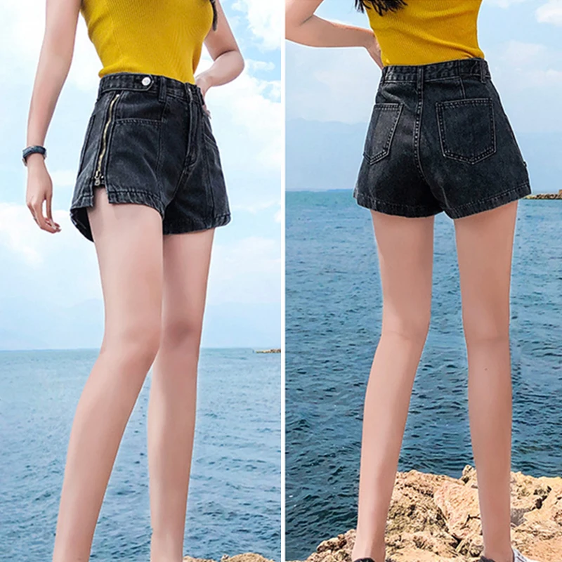 

Women Summer Denim High-Waist Fake Zippers Letter-Printed Buttons Street Wear Womens A-Line All-Match Casual Shorts