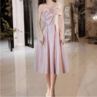 Женское вечернее платье с открытым плечом, розовое ТРАПЕЦИЕВИДНОЕ платье без рукавов с бантом и открытыми плечами в стиле Звезд, для вечеривечерние, 2019