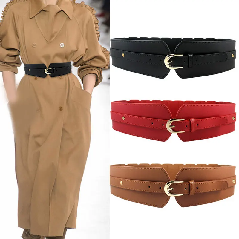 

PU Leather Corset Belt Women Vintage Alloy Pin Buckle Wide Elastic Waist Belts Solid Cinch Waistband Dress Decoration Girdle