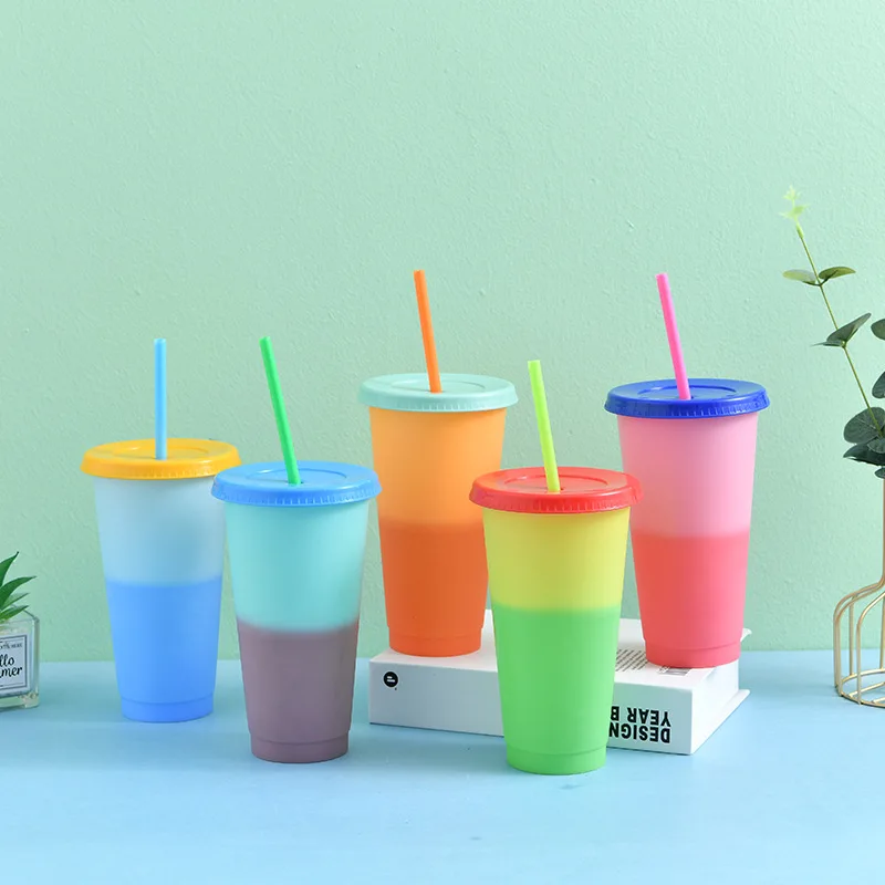 

700ml 5PC Color Changing Cup Reusable Plastic Tumbler With Lid And Straw Cold Cup Straw Water Bottle Kitchen Drinkware Party Cup