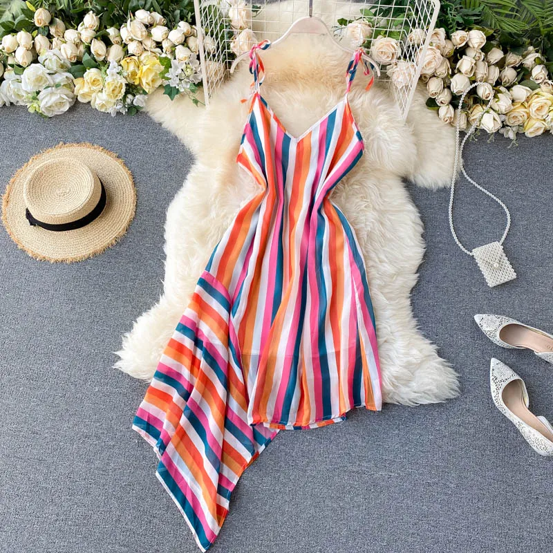 Праздничное платье новинка 2020 летнее в радужную полоску необычное женское |