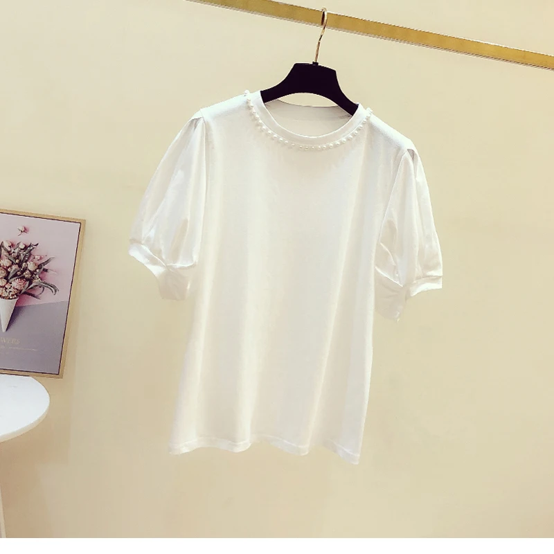

2021 summer new t-shirt women short sleeve round neck puff sleeve loose top one