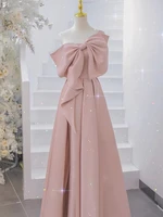 2022 pink satin celebrity dresses big bow a line elegant one shoulder sleeveless simple banquet temperament evening gowns new