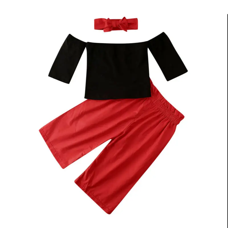 Модная черная футболка с открытыми плечами для маленьких девочек топы и красные