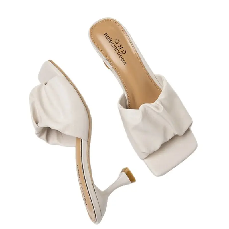 

Женские Плиссированные шлепанцы, летсветильник легкие пикантные сандалии с открытым носком, однотонные сандалии на шпильке, Женская Роско...