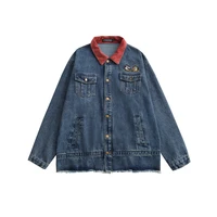 contrast collar embroidered squirrel ripped denim jacket for men and women japanese harajuku streetwear oversized jean jacket