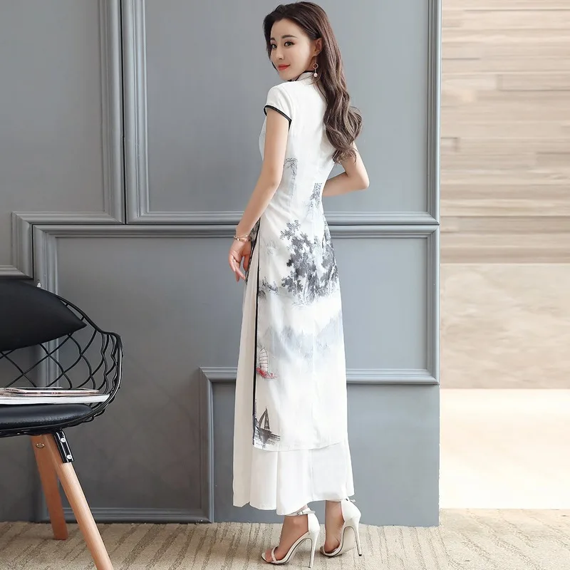 

Summer Dress Chiffon 2020 Robe Vintage Chinese Style Dresses Elegant Slim Womens Clothing Landscape Painting Cheongsam Qipao