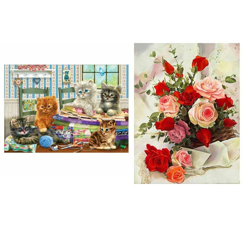 

2Set Diy 5D Full Drill Diamond Painting Embroidery Cross Stitch Kit Rhinestone, Cat & Flower
