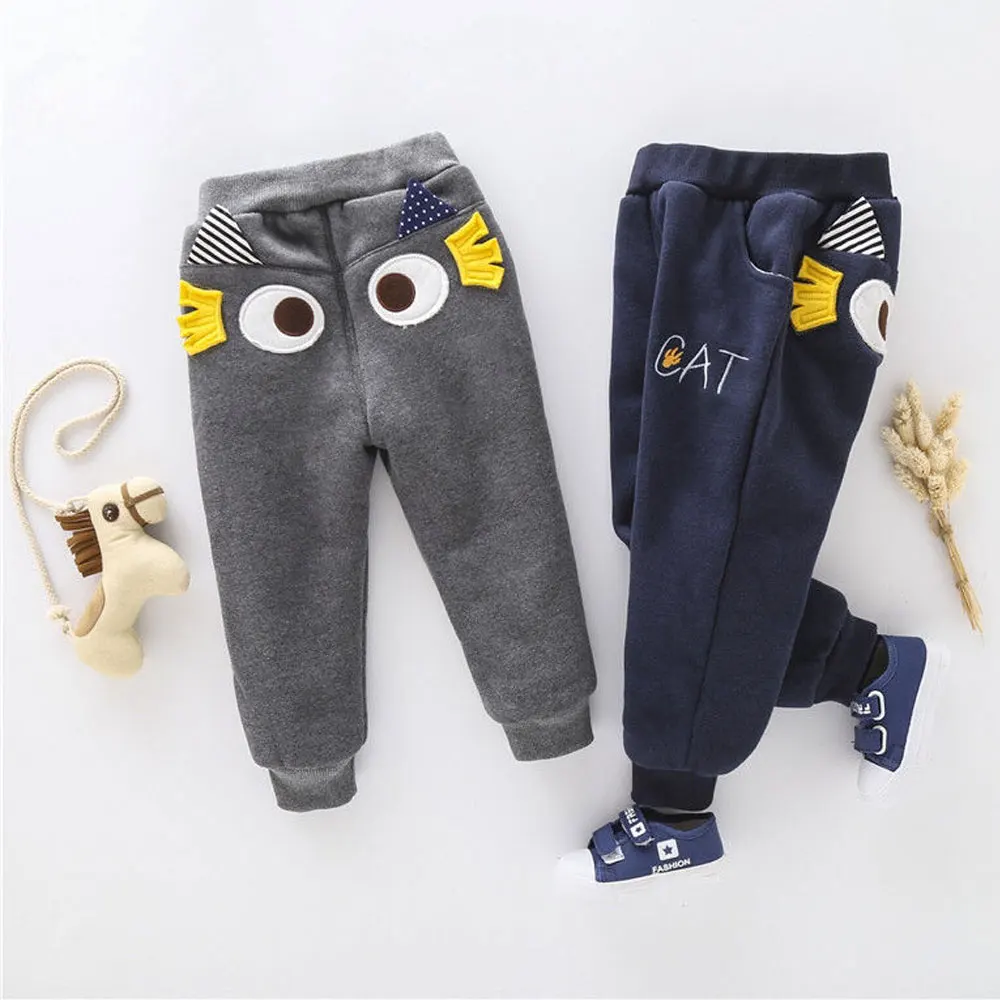 Зимние теплые штаны для мальчиков и девочек с мультяшным медведем котом длинные