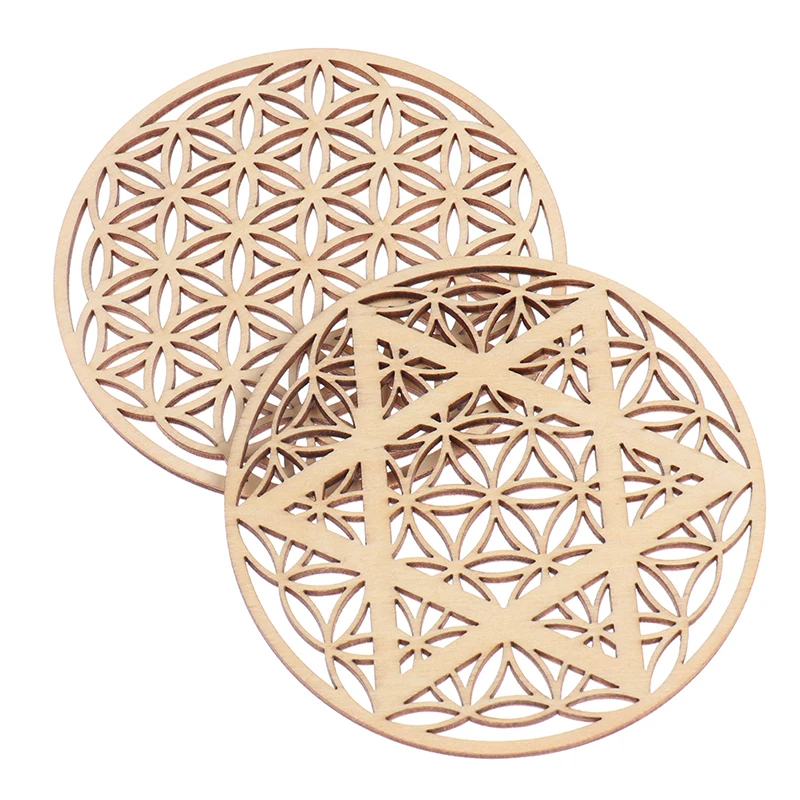 

1pc Creative Chakra Chakra Pattern Coaster Wood Flower Of Life Natural Symbol Round Edge Coaster For Stone Crystal Set Diy Decor