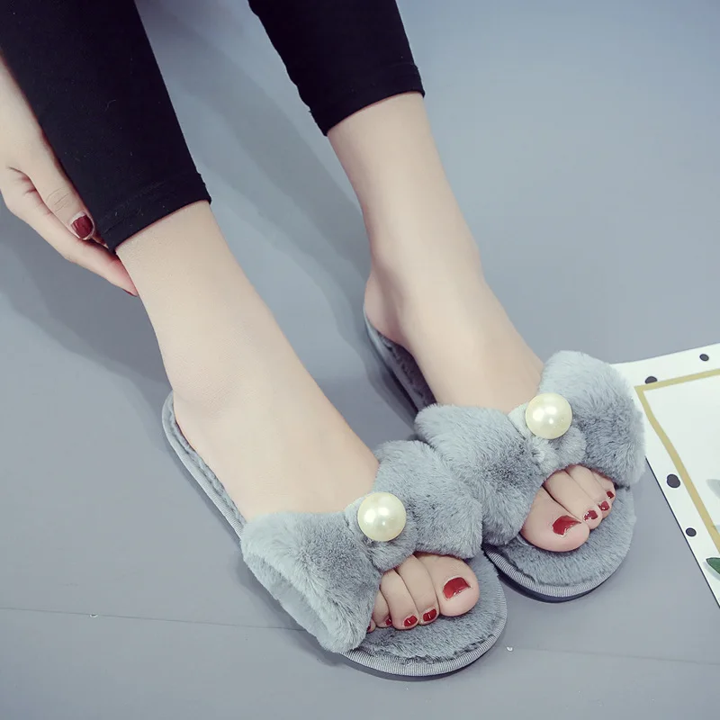 Лиам Симпатичные плюшевые тапочки женские искусственный мех жемчуг мягкая