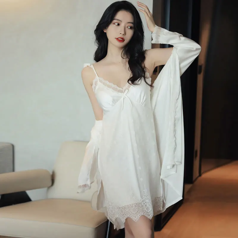 

Кружевное кимоно в стиле пэчворк, Сексуальная атласная ночная рубашка, ночная сорочка на бретельках, женский халат, комплект, летний Пижамн...