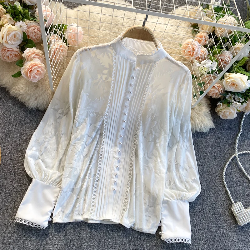 

Blusas Mujer De Moda 2021 Spring Autumn New Elegant lady Shirt Beaded Retro Lantern Sleeve Loose Bottoming Shirt