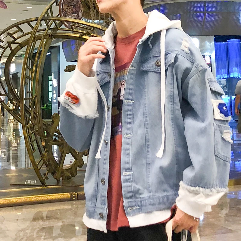 Мужская Осенняя джинсовая куртка с капюшоном однотонная Повседневная имитацией