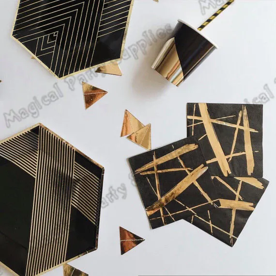 Бесплатная доставка 100 шт столовые салфетки черные золотые фольгированные