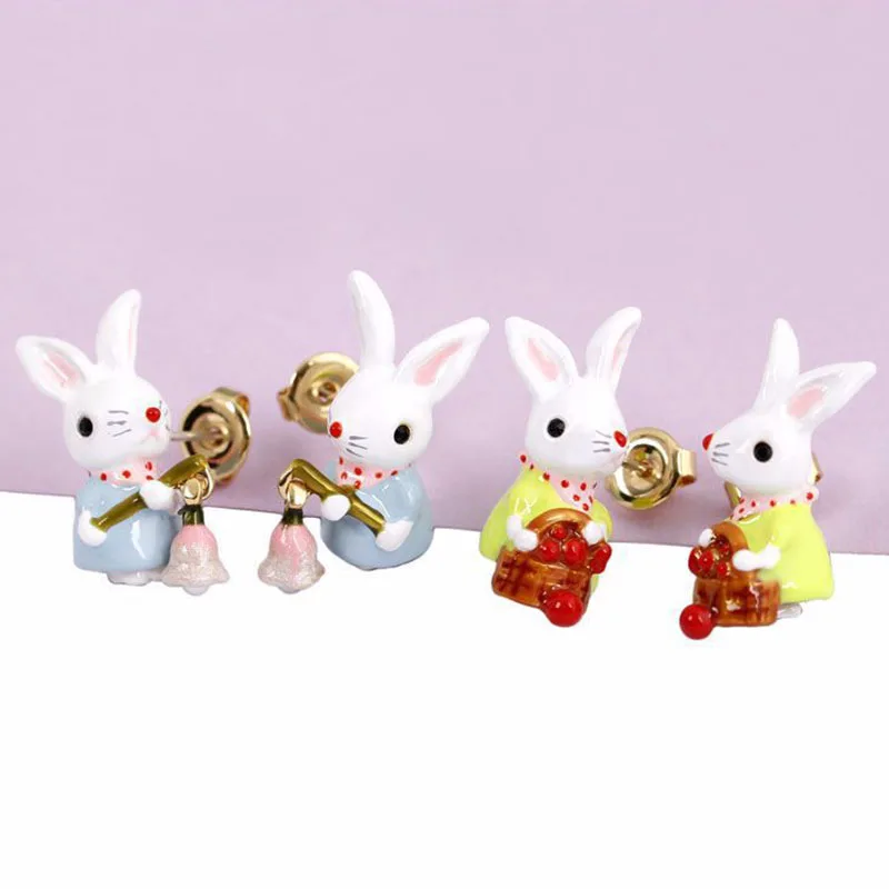 

925 Dainty Korean Rabbit Portable Lantern/ Flower Basket Earrring for Women Enamel Stud Earring Wedding Brincos Bijoux Gift