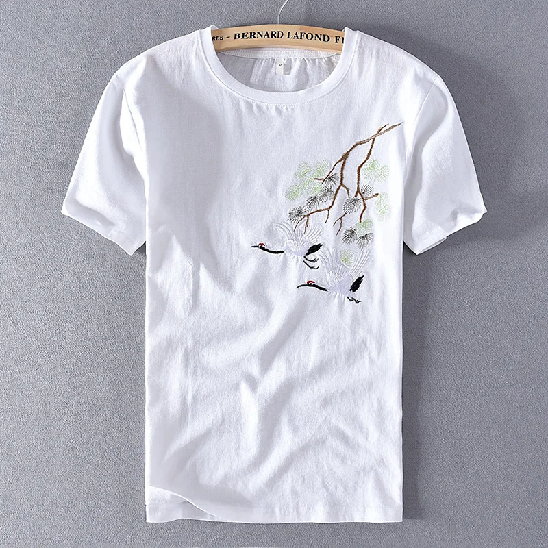 

2020 Chinese style red-crowned crane embroidered linen t-shirt men summer short-sleeved slim round neck t shirt men brand camisa