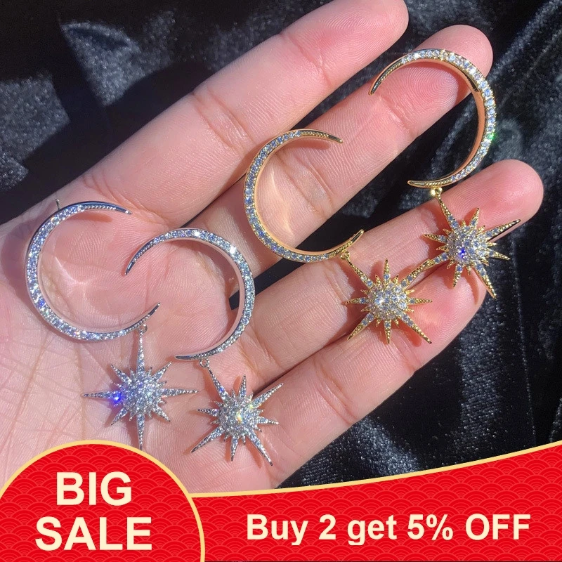 

Роскошные женские серьги с кристаллами, Луной и звездами, роскошные серьги из серебра 925 пробы и золота для женщин, модные двойные свадебные ...