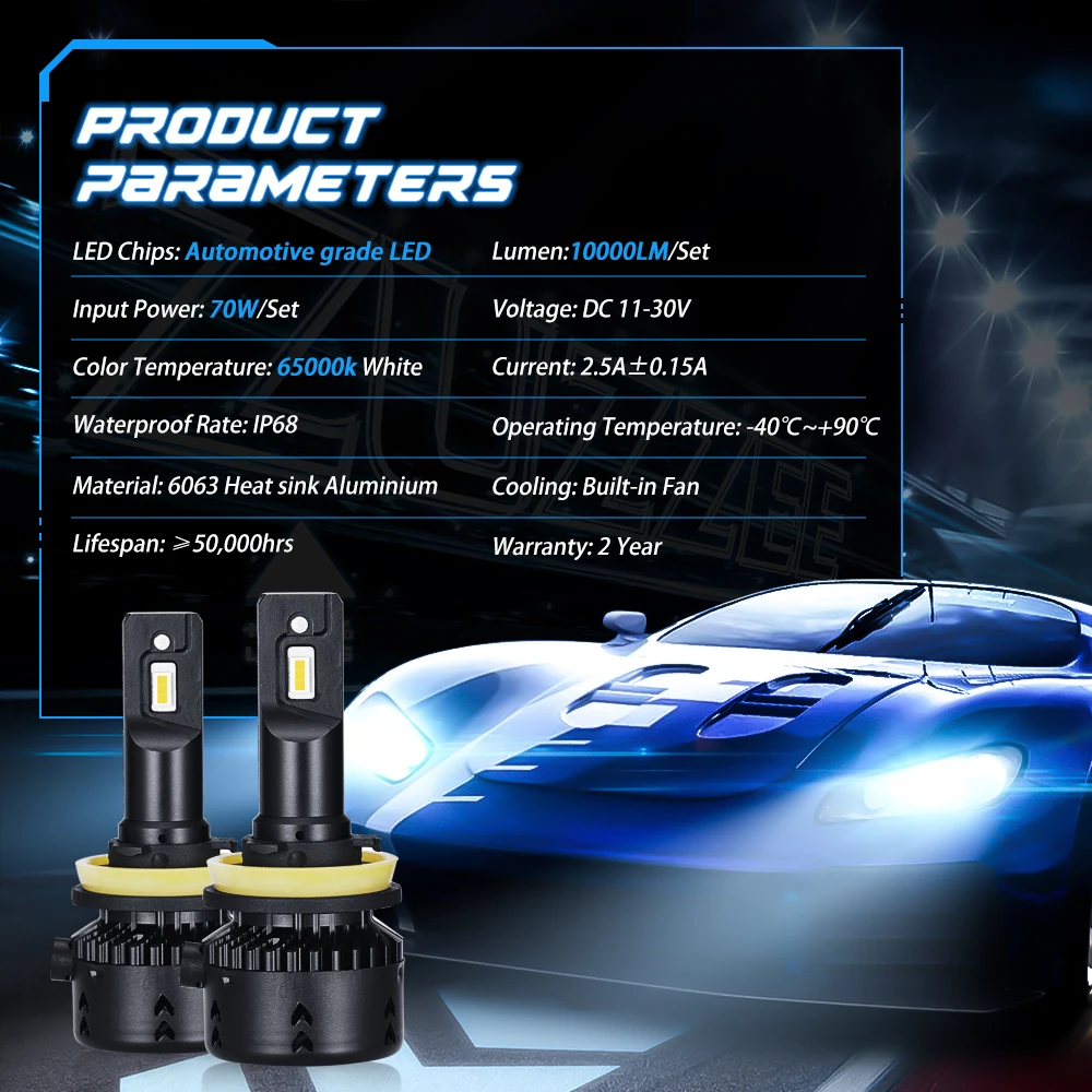 DC12V-24V 70 Вт 1 пара H11 автомобильные A385-N7 8 светодиодных ламп 6000 К 360 ° луч фары с
