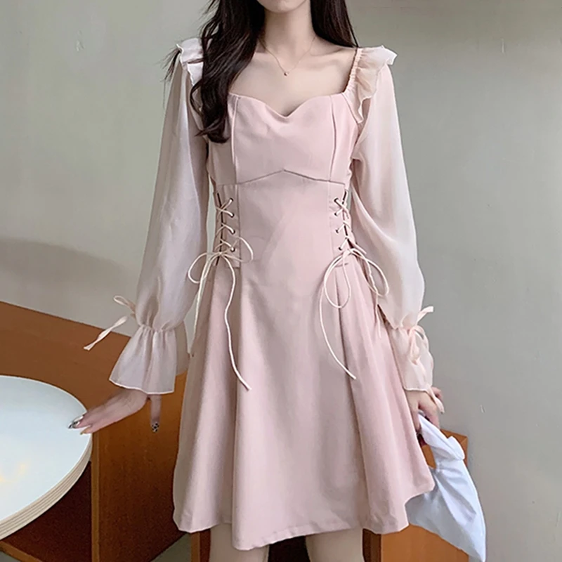 

Summer Long Sleeve Dress Women Korean Bandage Butterfly Sleeve Fairy Lace Dresses Chiffon Kawaii Elegant Vestidos Female