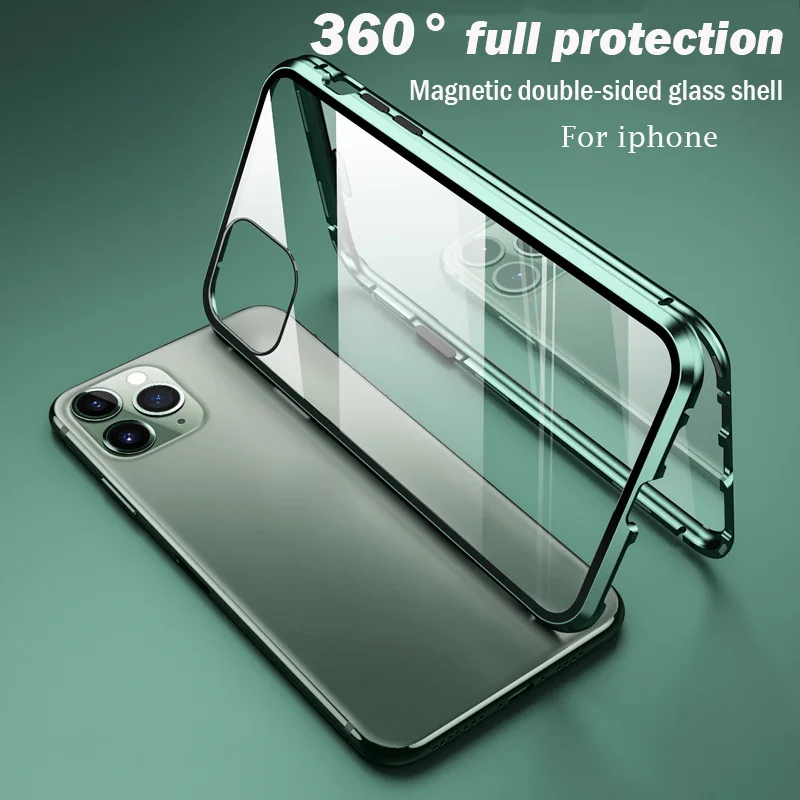 360 Metal Magnetic Adsorption Case For iPhone 13 12 11 Pro XS Max Double-Sided Glass Case For iPhone 7 8 6 s Plus X XR SE Cover