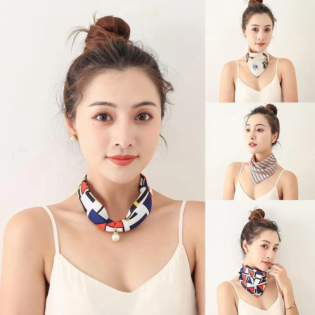 Женский шелковый шарф в полоску с искусственным жемчугом и цветочным принтом |