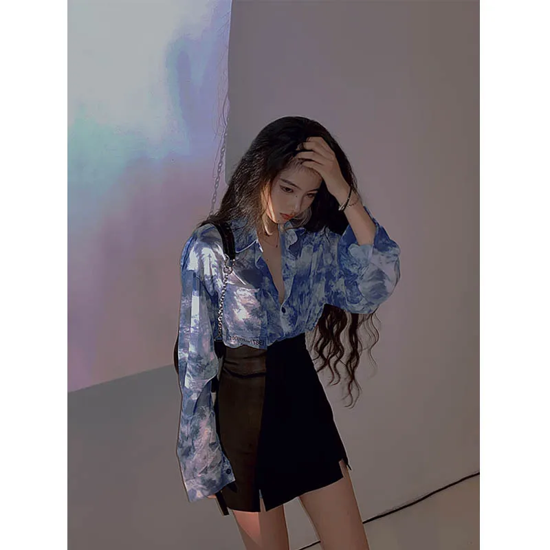 Голубая рубашка женская дизайнерская нишевая весенне осенняя новая Свободная