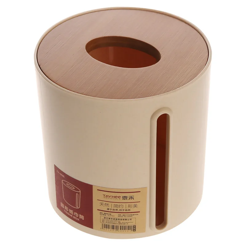 

2021 bamboo and wood cover round desktop roll paper tube creative side drawing European simple living room napkin roll paper box