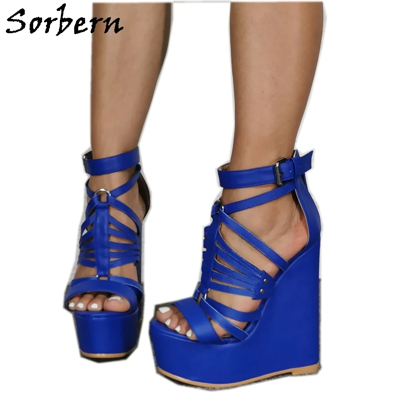 

Sorbern Fashion Blue Women Sandals Wedge Platform High Heel Ankle Straps Ladies Shoes High Heels Luxury Shoes Women Designers
