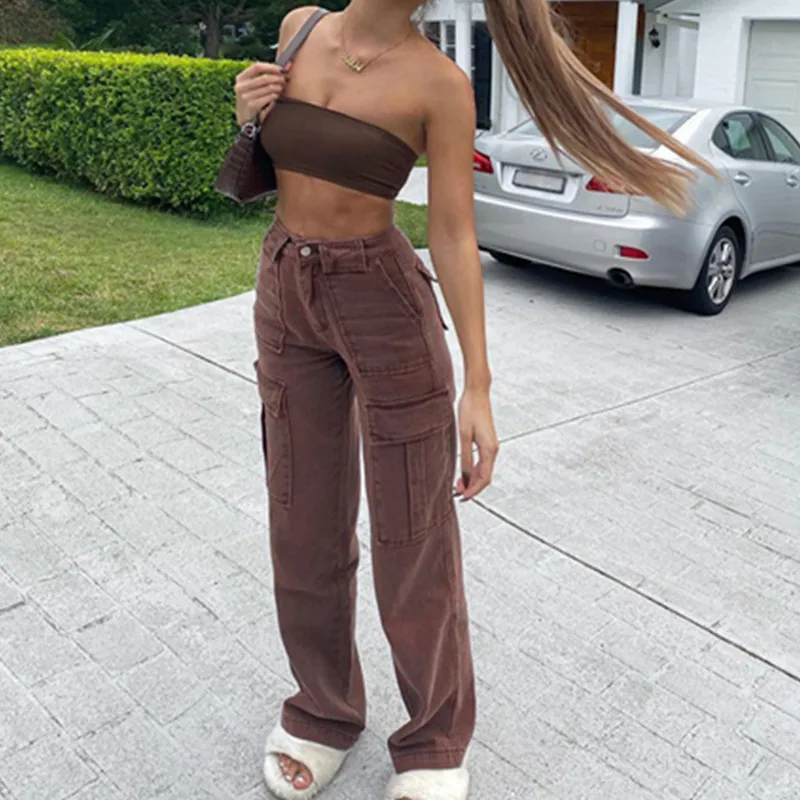 

2021 Oversize Brown Jeans Women Casual High Waisted Cargo Pants With Pockets Vintage Cotton Trousers Streetwear