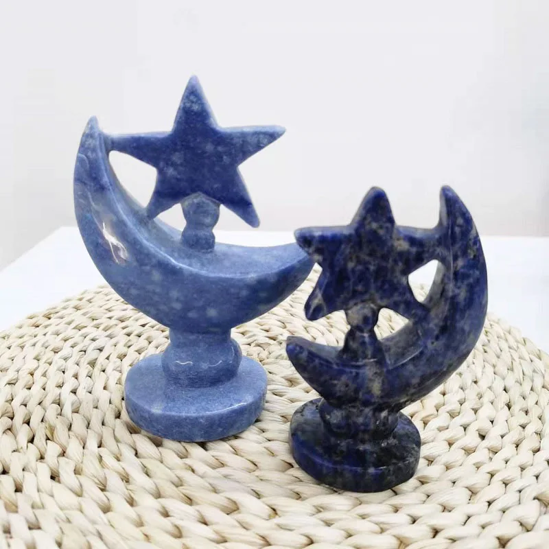 

Beautiful Crystal Statue Hand Craft Blue Aventurine Moon Star Omament For Christmas Gift Y S L
