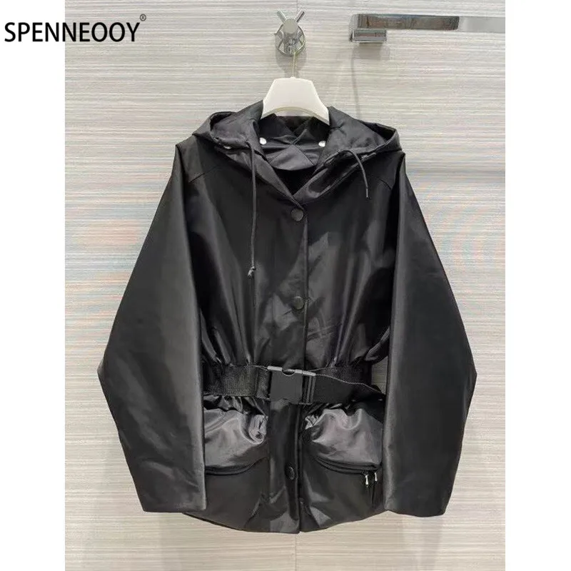 

SPENNEOOY 2021 дизайнерская брендовая черная нейлоновая верхняя одежда женская Съемная шляпа с длинным рукавом модные куртки пальто