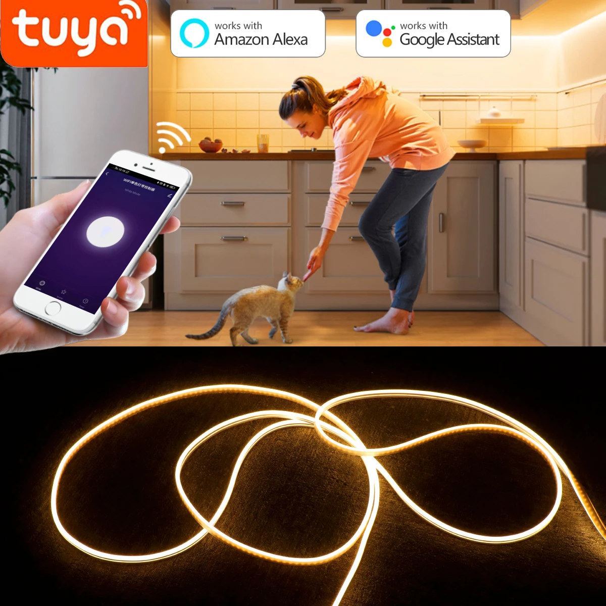 

Умный дом Tuya, Wi-Fi, дистанционное управление через приложение, неоновая Светодиодная лента 12 В, водонепроницаемая, теплый белый, работает с ...