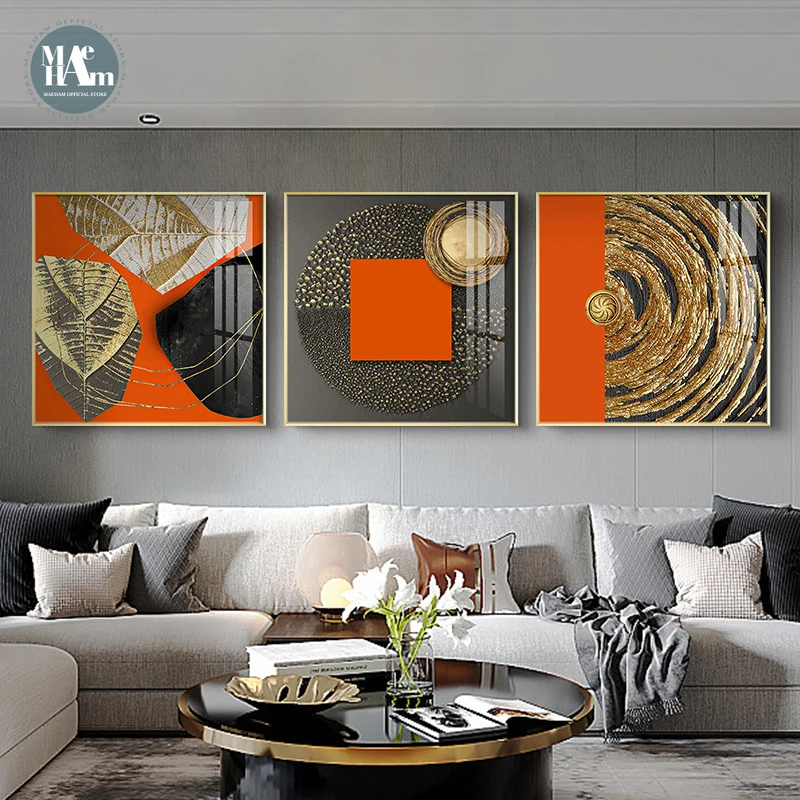 

Abstract Orange Canvas Print Painting Gold foil geometric color Poster Wall Art Pictures on Canvas Living Room Office Home Decor