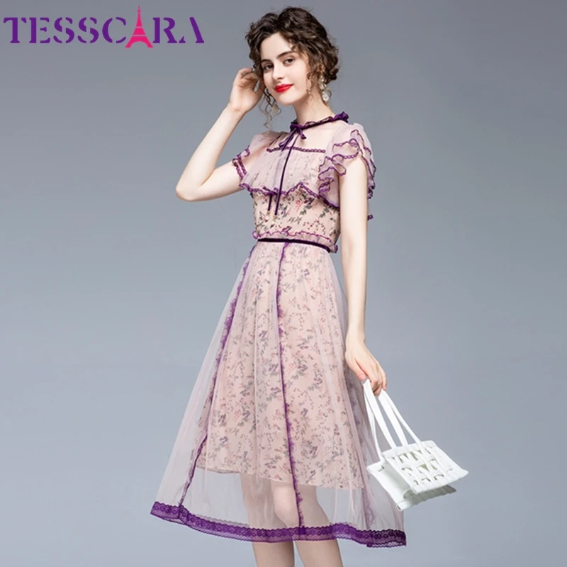 TESSCARA женское летнее элегантное Сетчатое платье праздничное высокого качества с