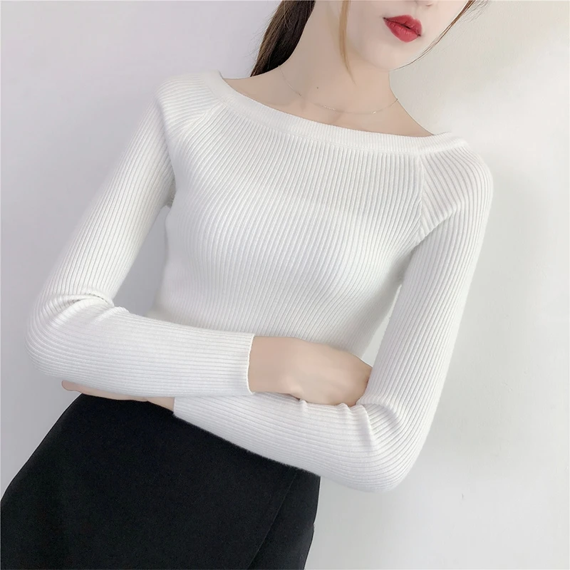 2020 New Fashion Women Long Sleeve Sweaters Casual Slash Neck Pullovers Solid thick Sweater Female Slim Sexy Cotton Kintted Tops | Женская