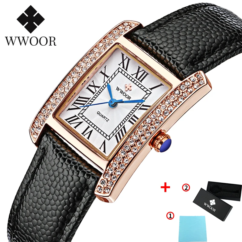 Gold black WWOOR новые белые квадратные часы с кристаллами женские водонепроницаемые часы из натуральной кожи женские повседневные модные часы аналоговый дисплей подарок - Цвет: Gold black