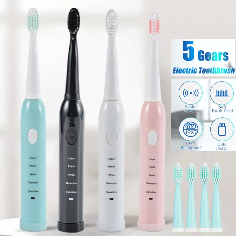 

Rechargeable Electric Toothbrush Ultrasonic Powerful Automatic Smart Tooth Brush with Replacement Toothbrush Heads 5 Modes Adult