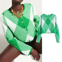 ppyqykx za womens sweater 2021 autumn diamond lattice jacquard jacket fashion long sleeve knitted female cardigan coat tops