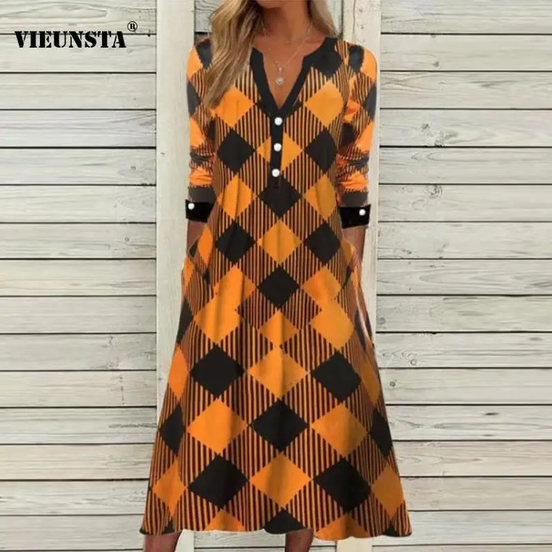 

Женское клетчатое платье с круглым вырезом, длинным рукавом и карманами